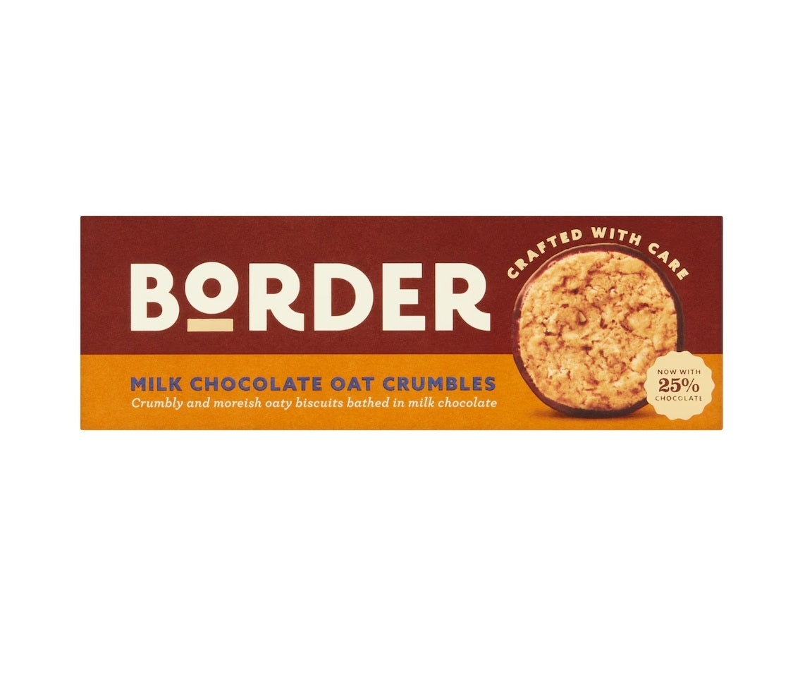 Box of Border milk chocolate oat crumbles on a white background