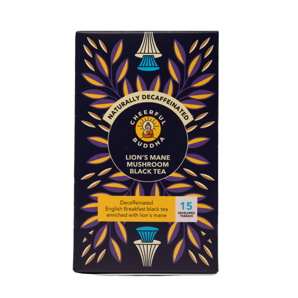 Packaging of Cheerful Buddha Lion's Mane Decaf Black Tea with 15 tea bags. The packaging is predominantly dark with decorative patterns and text detailing the product.