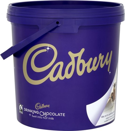 A Cadbury drinking chocolate container in blue color with the brand's logo and product details.