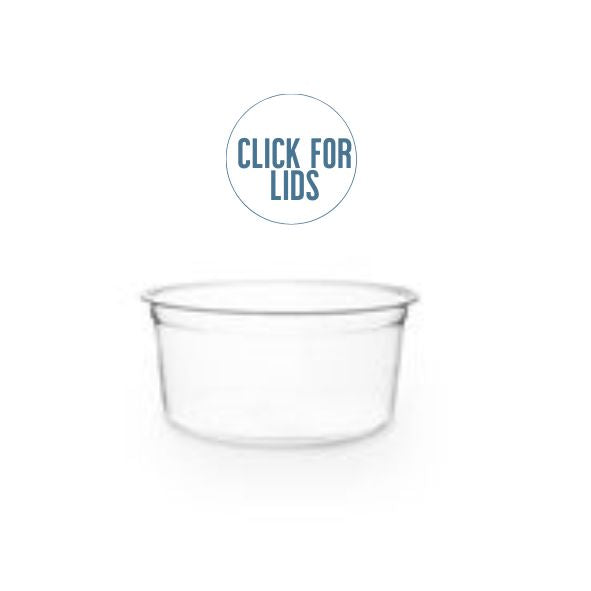 A clear round deli container with a label that says 'CLICK FOR LIDS' at the top.
