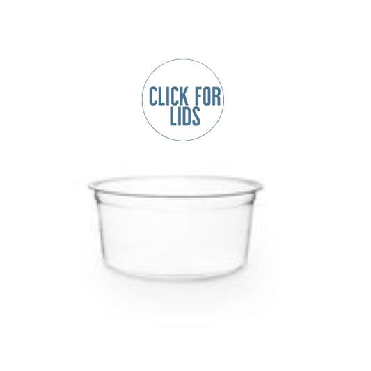 A clear round deli container with a label that says 'CLICK FOR LIDS' at the top.