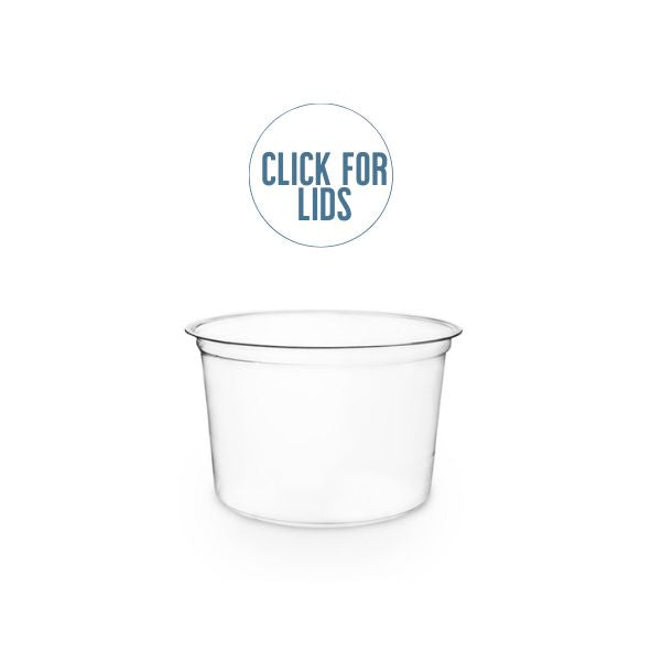 A clear round delicountainer with a label that says 'Click for Lids'.
