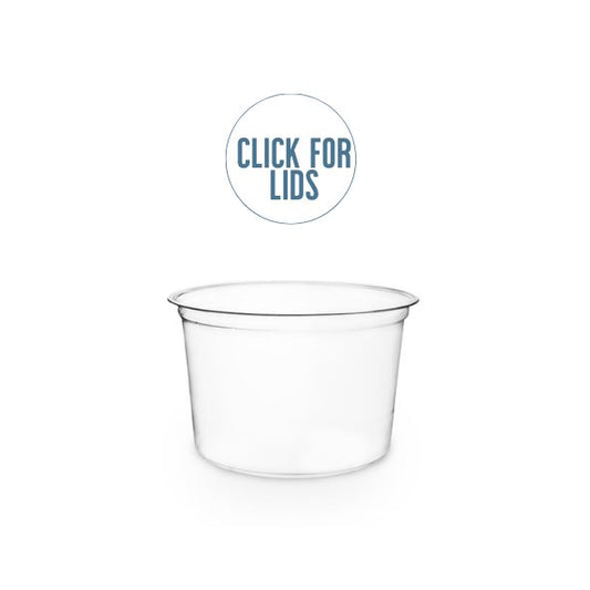 A clear round delicountainer with a label that says 'Click for Lids'.