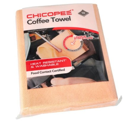 A packaged set of heat resistant coffee towels by Chicopee, with one towel partially visible showing a heat-resistant glove being worn by a person.