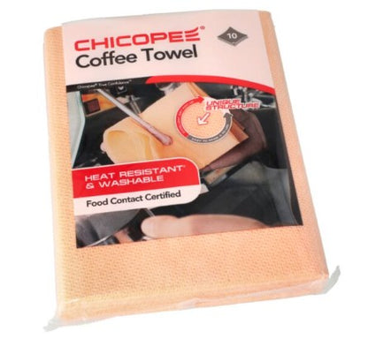 A packaged set of heat resistant coffee towels by Chicopee, with one towel partially visible showing a heat-resistant glove being worn by a person.