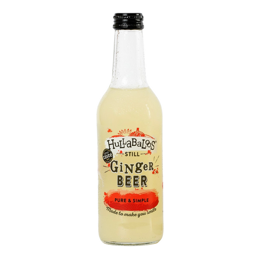 A bottle of Hullabaloos Still Ginger Beer with a label that includes the product name and the phrase 'Pure Simple'.