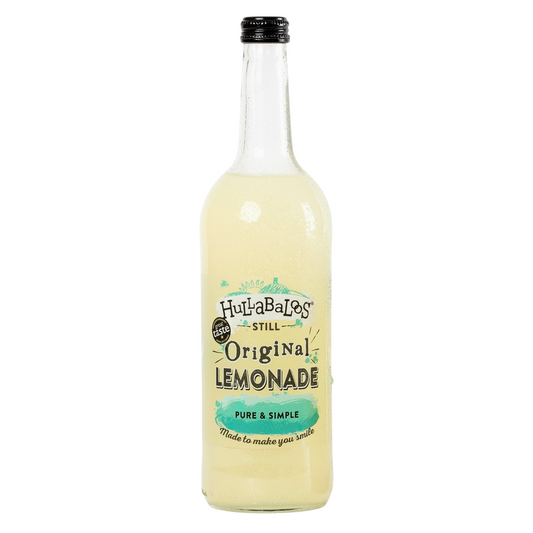 A bottle of Hullabaloo's Original Lemonade, 750ml, with a label that includes the brand name and 'Pure & Simple' tagline.