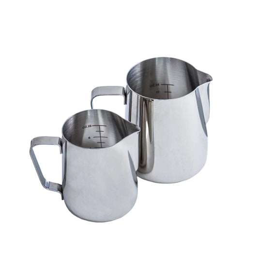 Two stainless steel steam jugs of different sizes, one with a 20oz capacity and the other with a 10oz capacity, both with measurement markings.