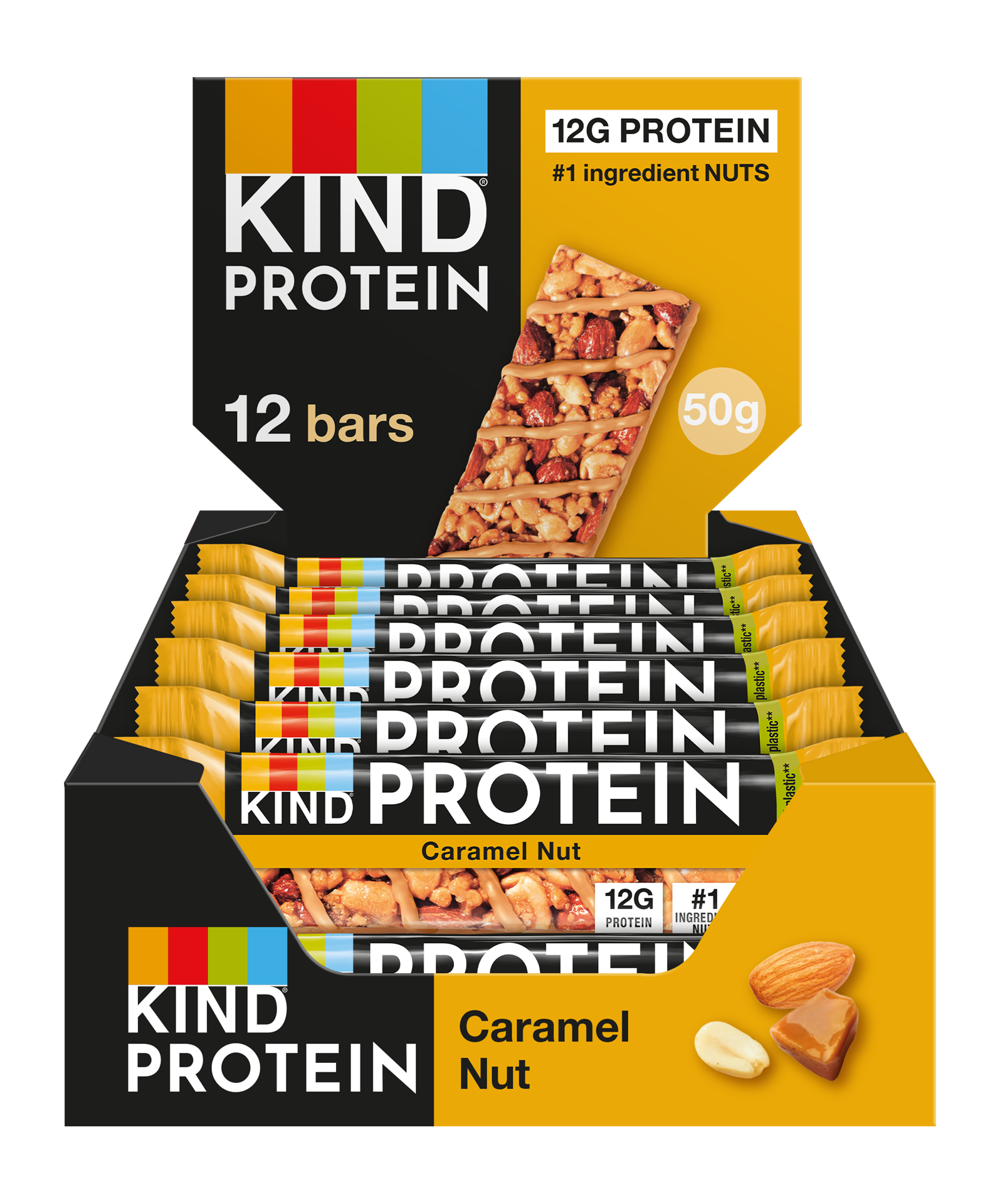 Box of Kind Protein Caramel Nut bars with packaging details.