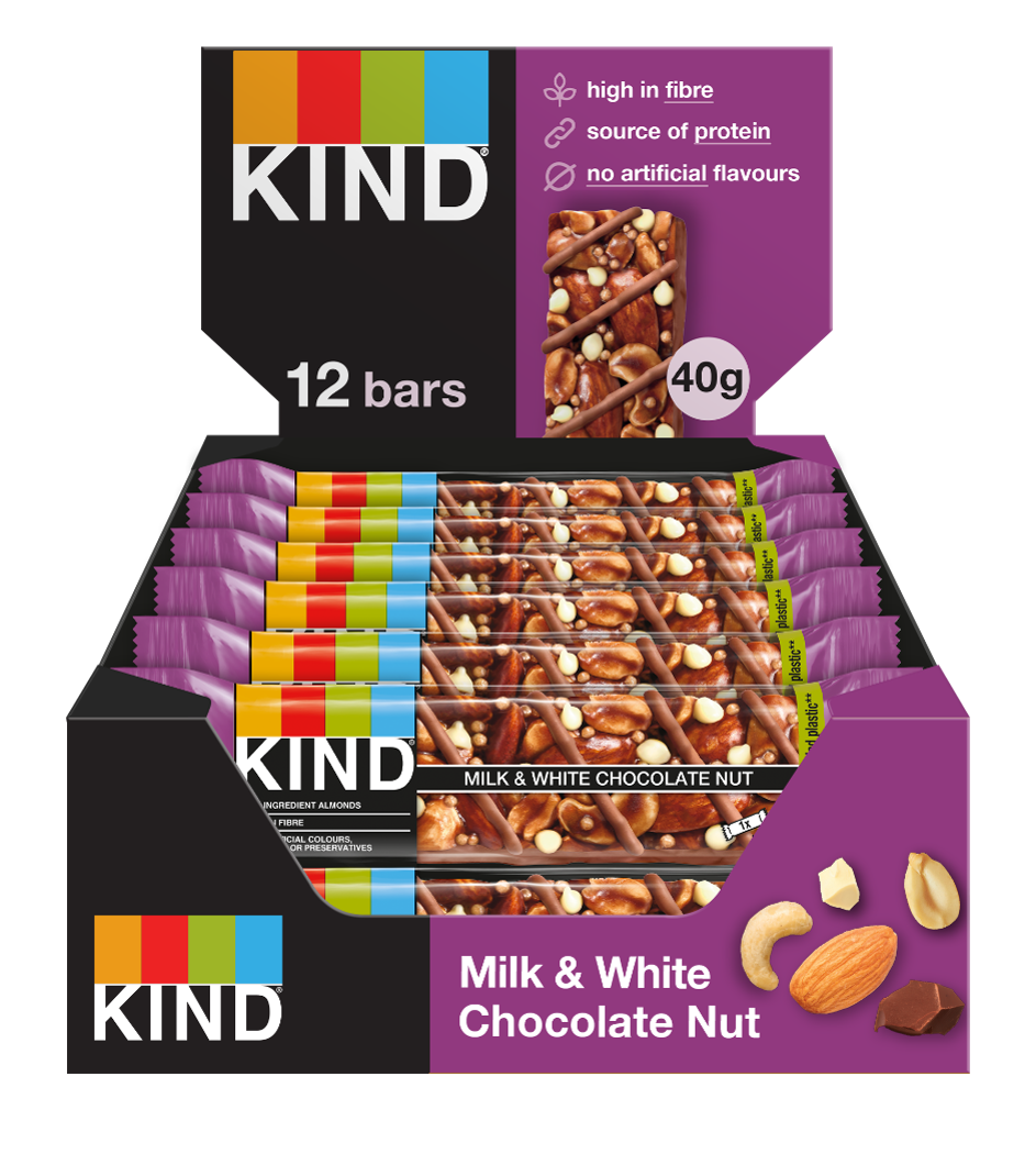Milk & White Chocolate Nut blends whole nuts with creamy milk chocolate, topped with white chocolate pieces.