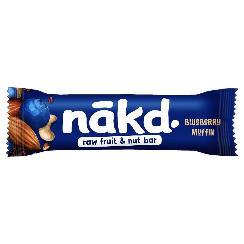 Nakd raw fruit & nut bar packaging with blueberry muffin flavor on a white background