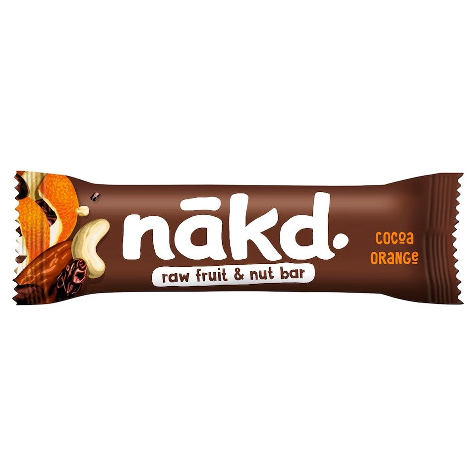 Nakd raw fruit & nut bar packaging with 'Cocoa Orange' flavor on a white background
