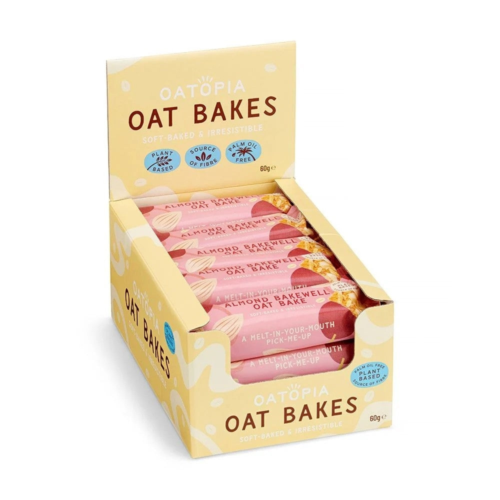 Box of Oatopia almond bakewell oat bars with a white background