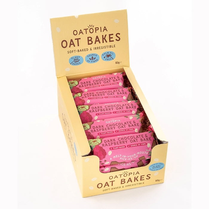 Box of Oatopia Oat Bakes dark chocolate raspberry oat bars on a white background