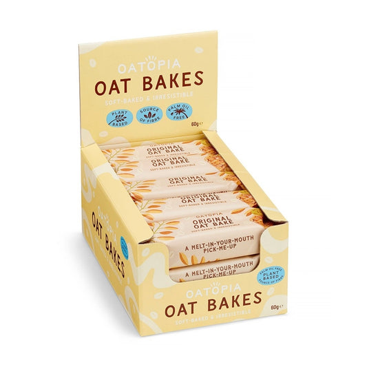 Box of Oatopia Oat Bakes with yellow packaging on a white background