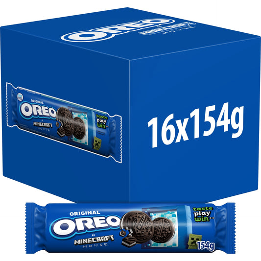 A box of Oreo Original Vanilla cookies weighing 154g, with packaging showing the brand, product name, and a Minecraft logo indicating a special edition.