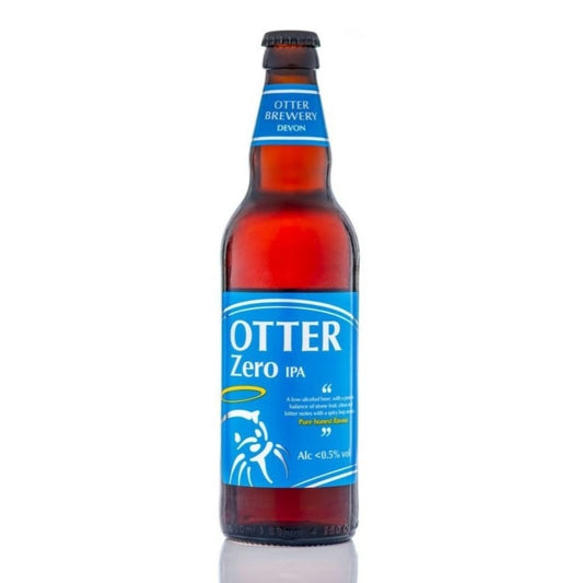 Bottle of Otter Zero IPA on a white background