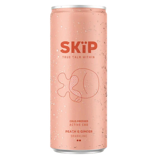 Pink can of Skip CBD product on a white background