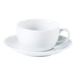 A white ceramic cappuccino cup with a saucer and a handle, isolated on a white background.