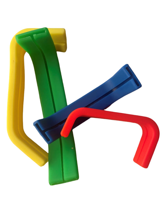 A set of four silicone handle grips for 12oz bottles, in green, yellow, blue, and red colors.