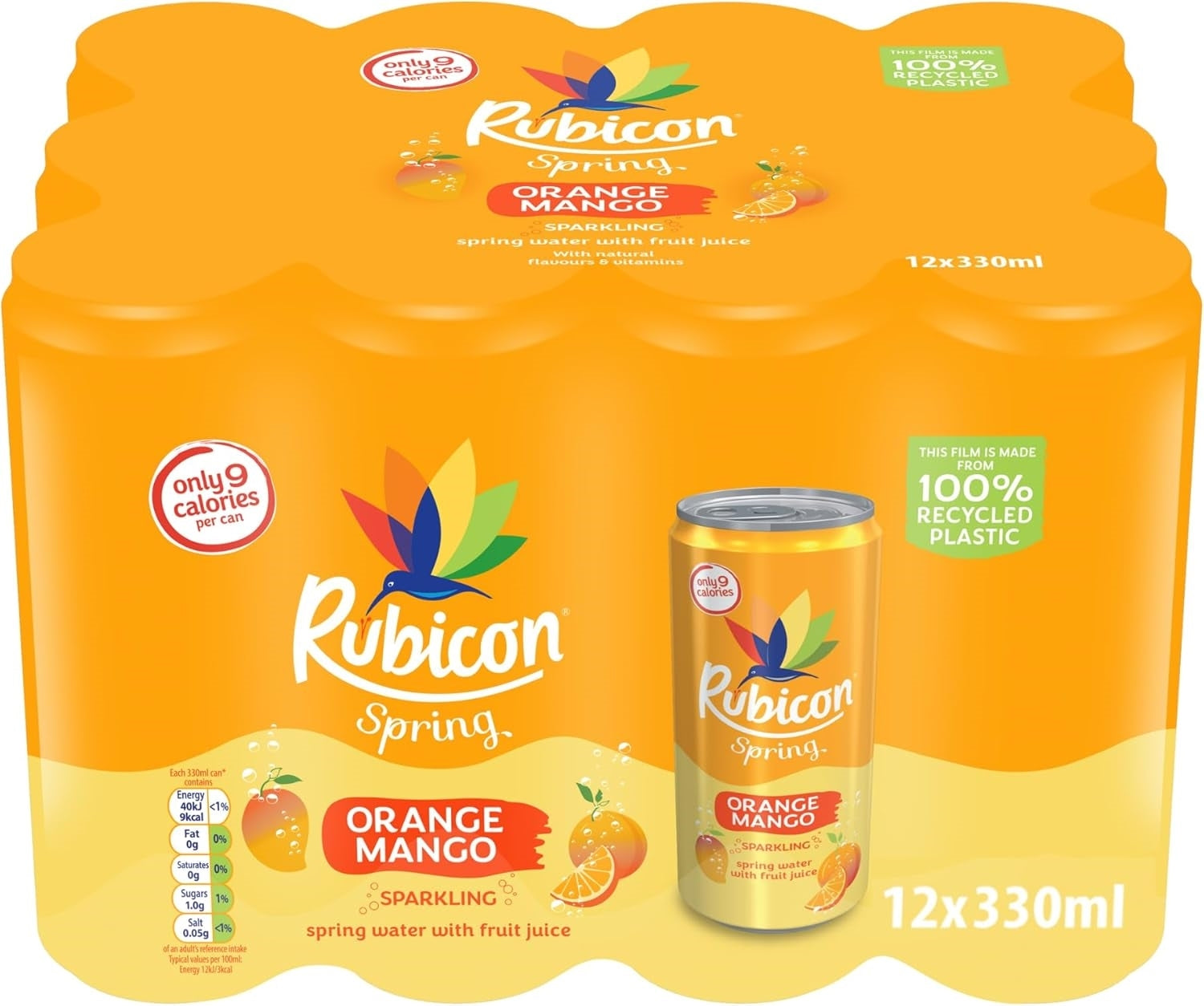 A 12-pack of Rubicon Spring Orange Mango Sparkling drink in a large orange plastic carrier with one can shown in front, on a plain white background.