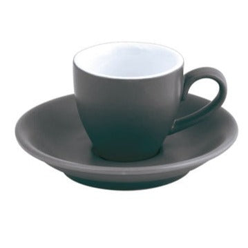 A black slate plain espresso cup with a handle, on a white background.