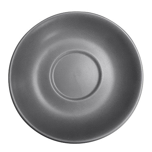 A gray ceramic espresso saucer.