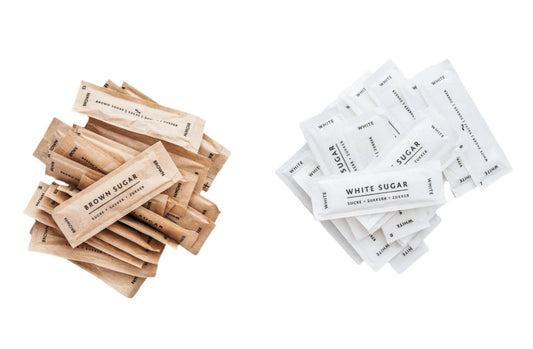 The image shows two groups of sugar sticks. One group is labeled 'Brown Sugar' and the other 'White Sugar', each stick is individually wrapped.
