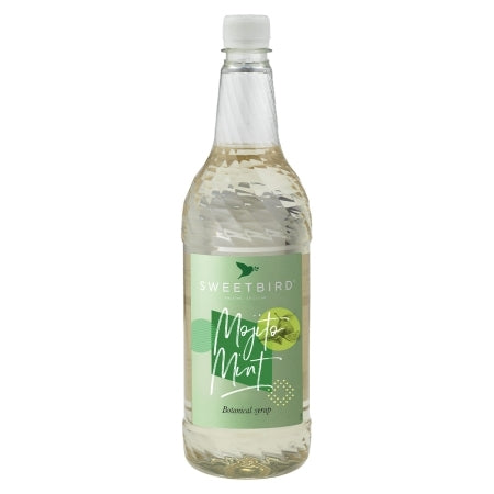 Bottle of Sweetbird Mojito Mint syrup on a white background