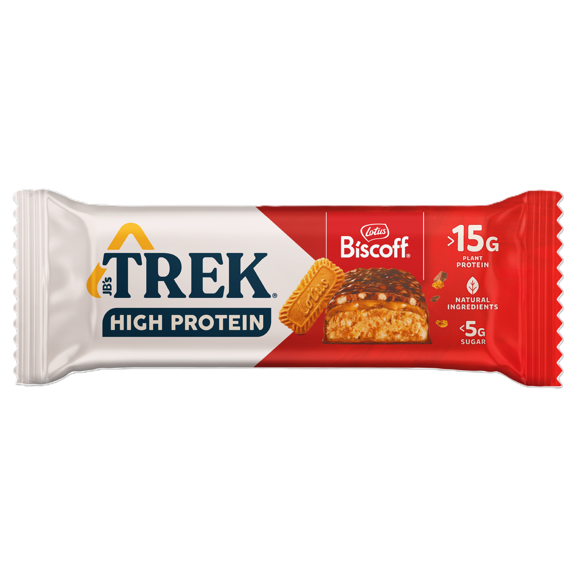 Trek High Protein Biscoff bar packaging on a white background