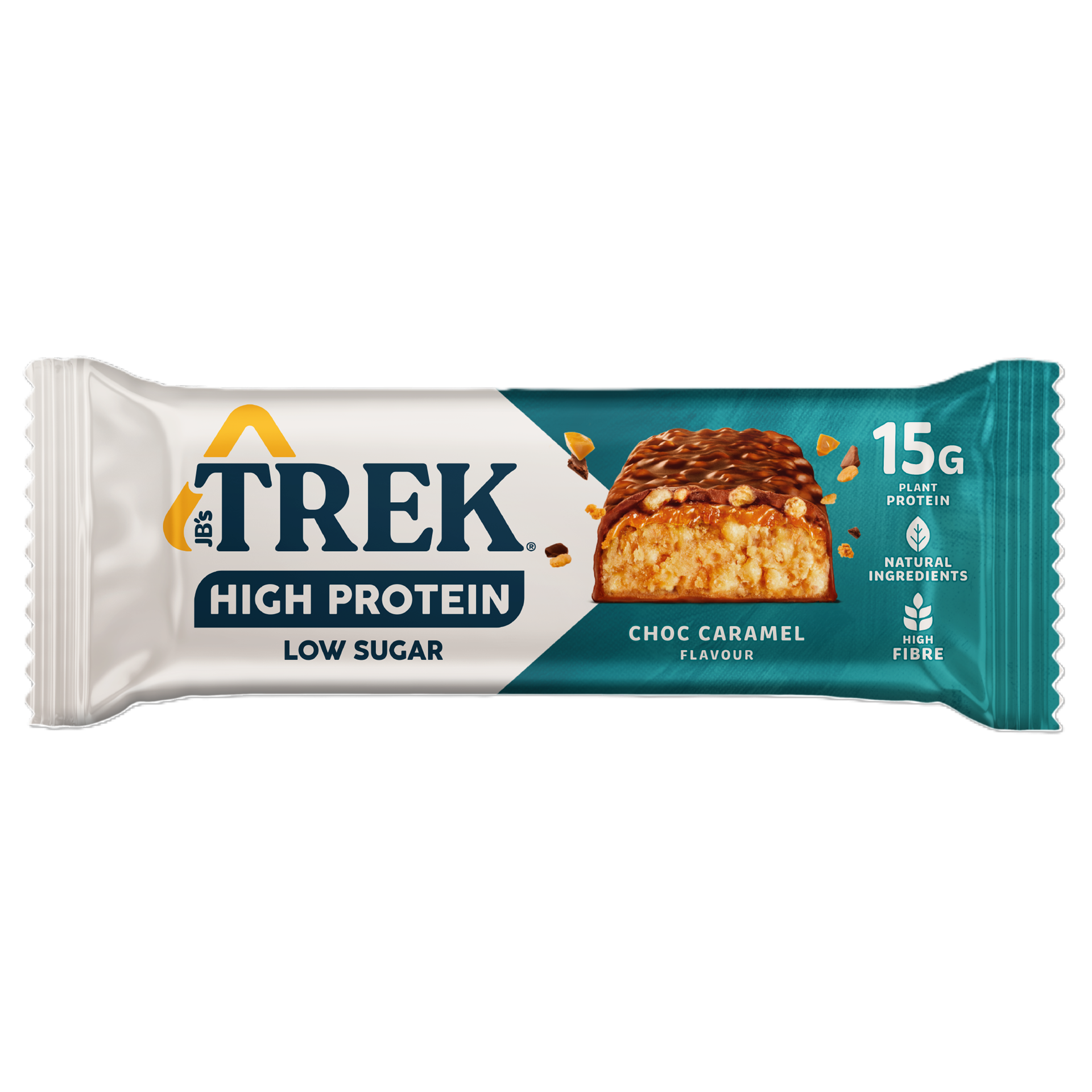 Trek high protein bar with choco caramel flavor on a white background
