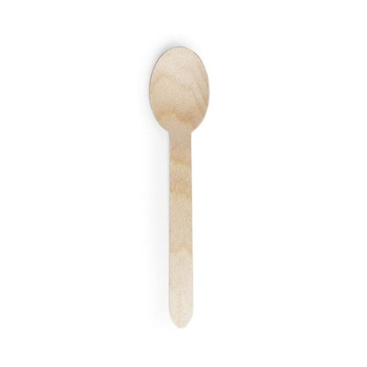 A single wooden dessert spoon on a plain background.