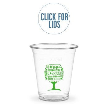 A clear vegware smoothie cup with a green and white tree design, featuring a dome lid with the text 'Click for Lids'.